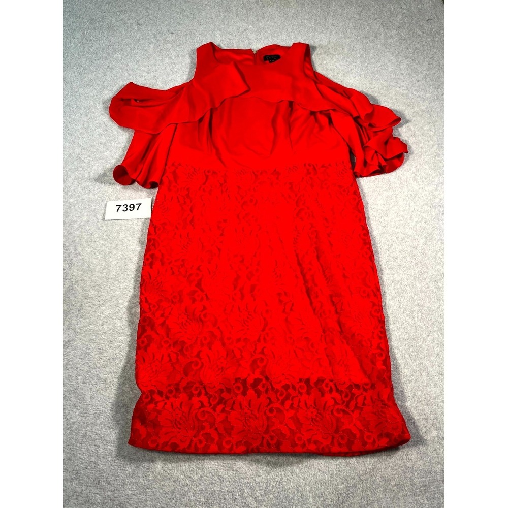 Thalia Sodi‎ Sheath Dress Womens XL Red Lace Floral Cold Shoulder Ruffle Neck
